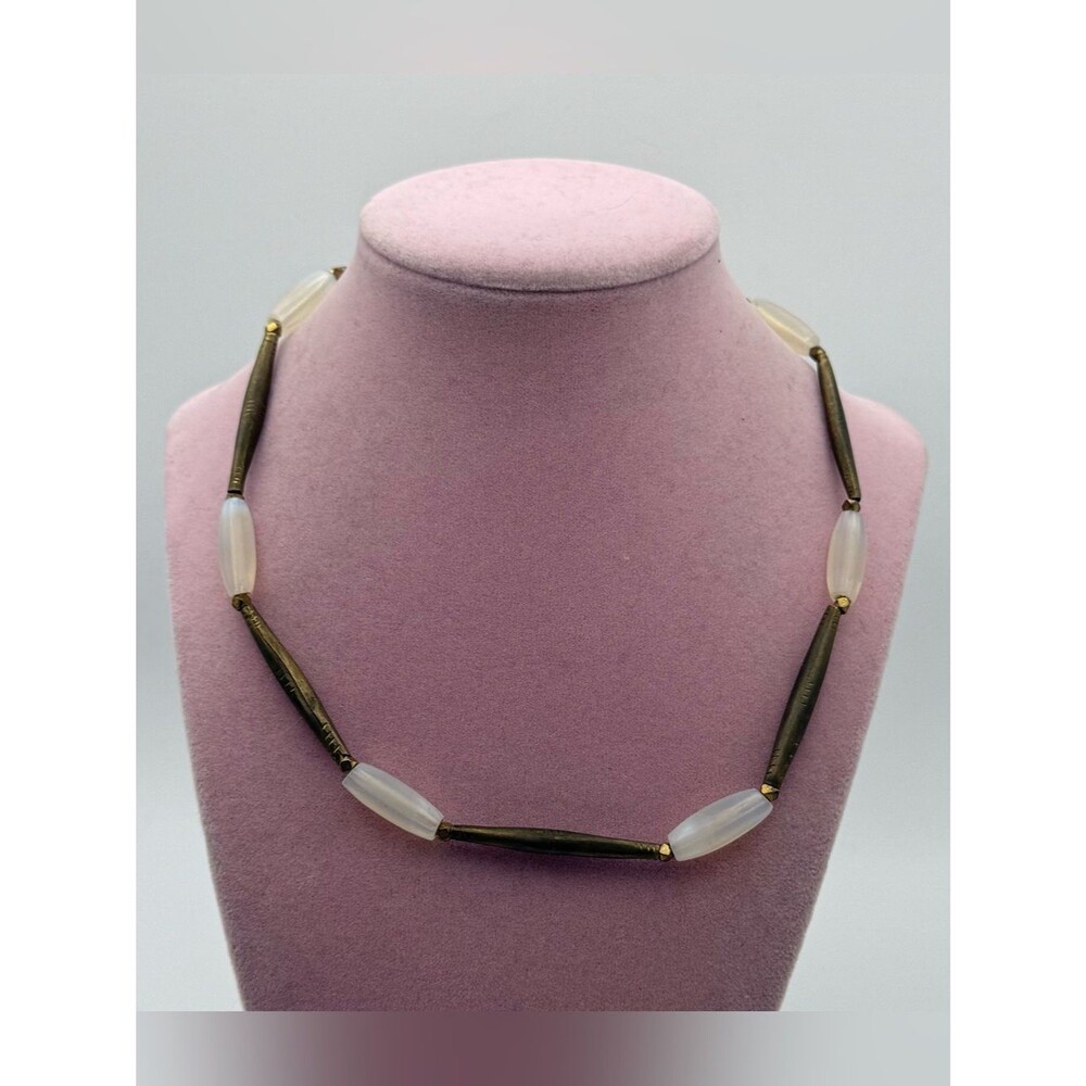 Delicate White Bead and Antique Brass Bar Necklace
